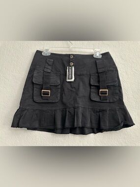 Luciano Padua Black Mini Skirt Cargo Buckled Pockets Ruffled Hem Size Small